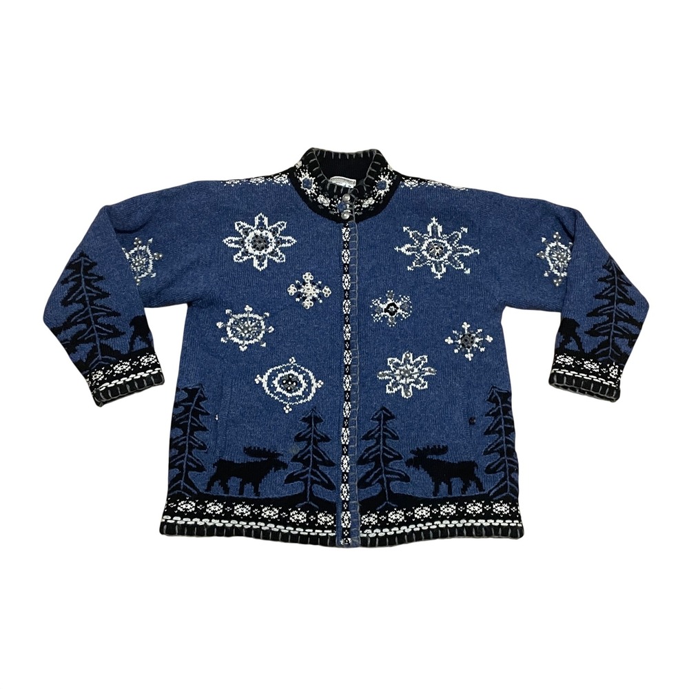 VTG Coldwater Creek M Blue Wool Blend Moose Snowflake Zip Front Lined Cardigan